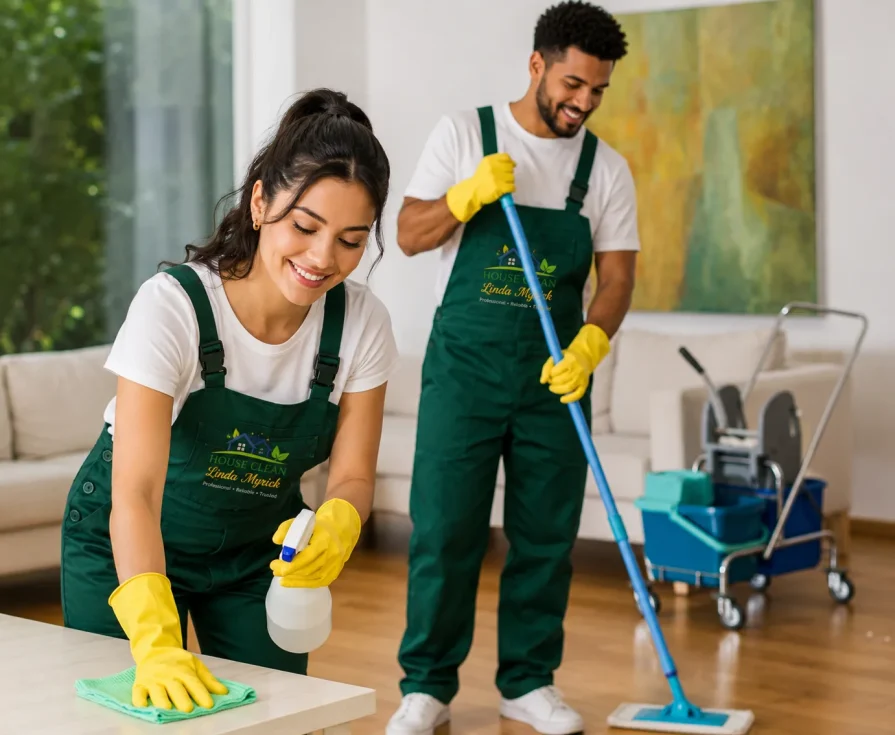 Professional cleaning team with supplies ready to serve homes in Georgia