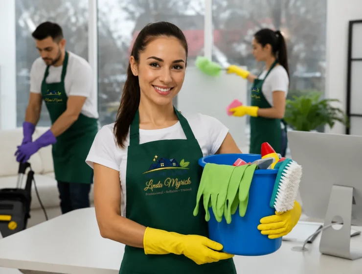 Linda Myrick House Clean team holding cleaning supplies ready for office cleaning service in Metro Atlanta, Georgia