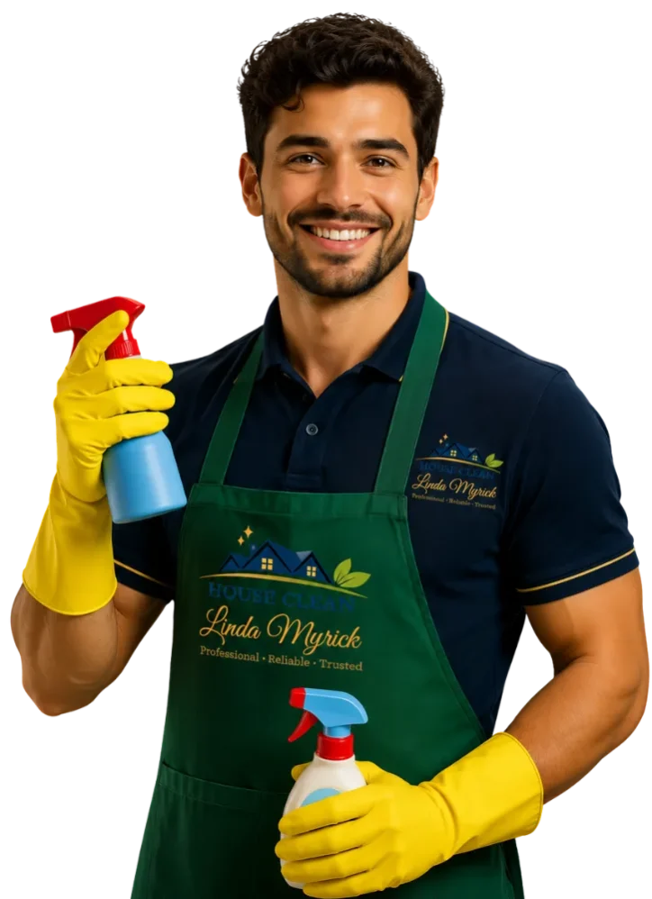 Linda Myrick House Clean professional cleaner smiling and holding cleaning spray bottles ready to serve homes in Georgia