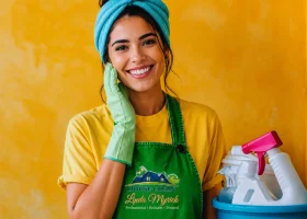 Professional cleaner wiping wall with yellow gloves in Georgia home