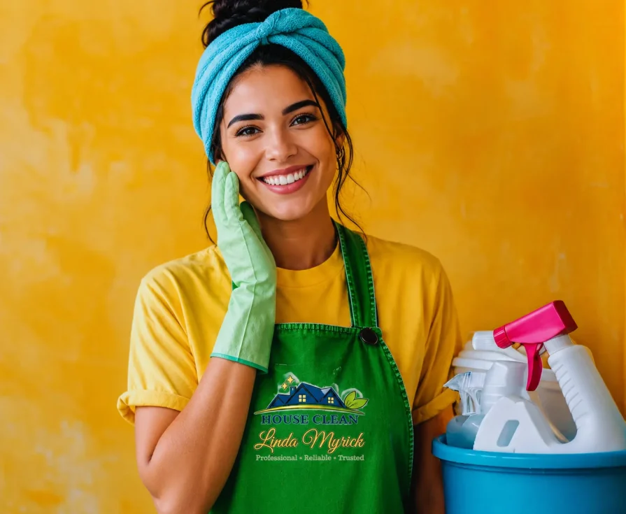 Professional cleaner wiping wall with yellow gloves in Georgia home